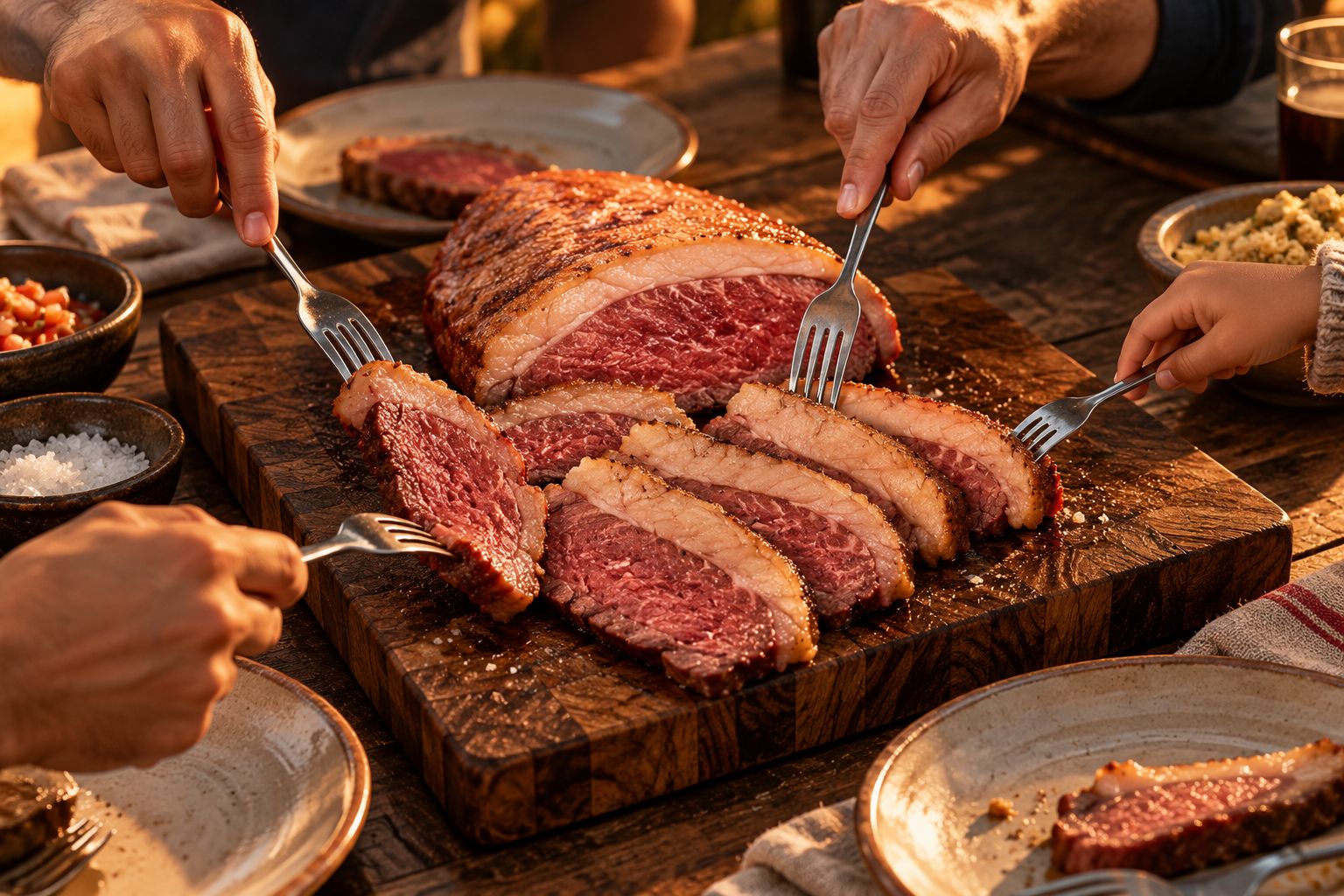 Mesa de churrasco em família com picanha fatiada