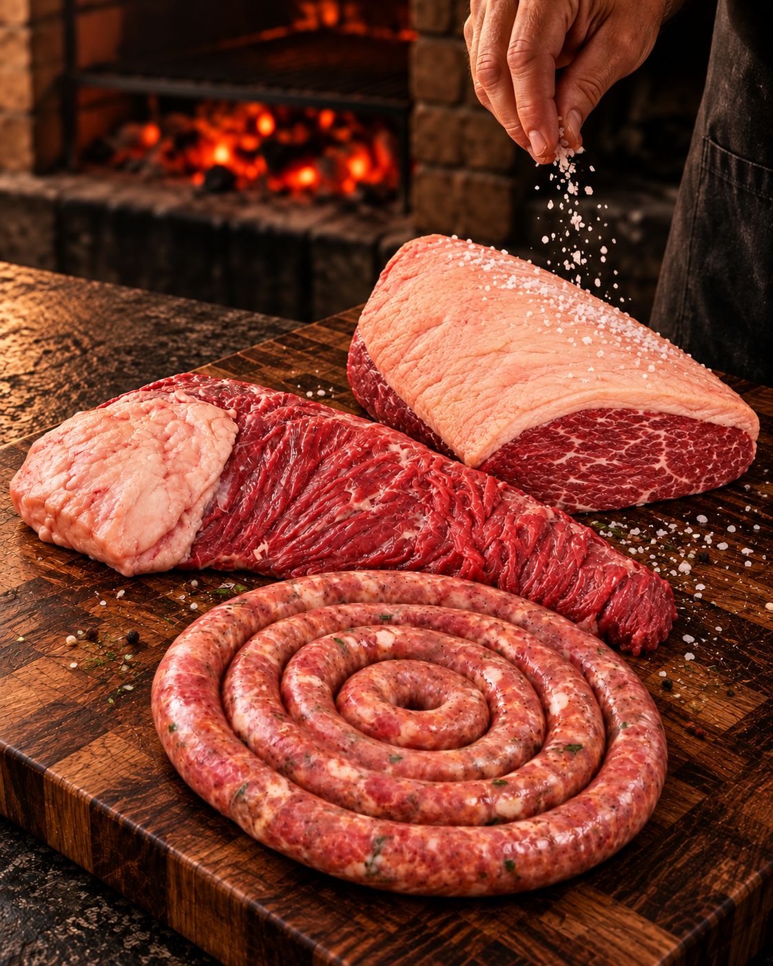Mão salgando uma picanha crua com sal grosso, ao lado de fraldinha e linguiça toscana